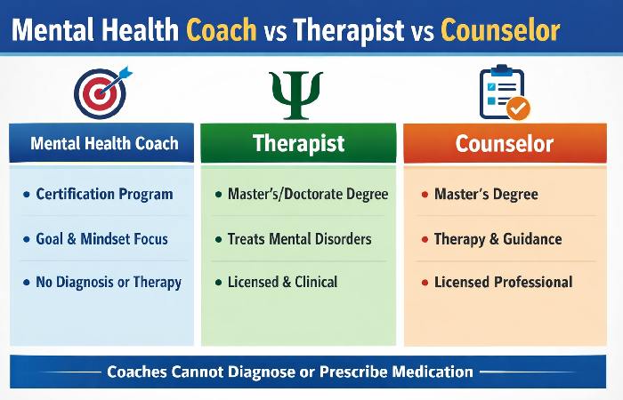 Mental Health Coach vs Therapist vs Counselor
